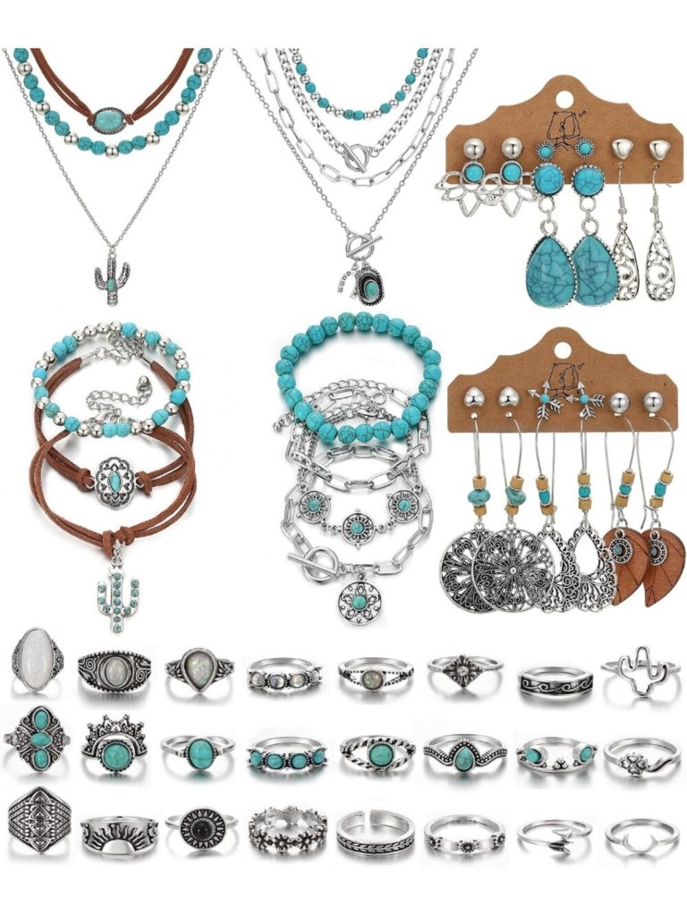 Bohemian Turquoise Jewelry Set - Necklace, Dangle Earrings, Bangles & Rings